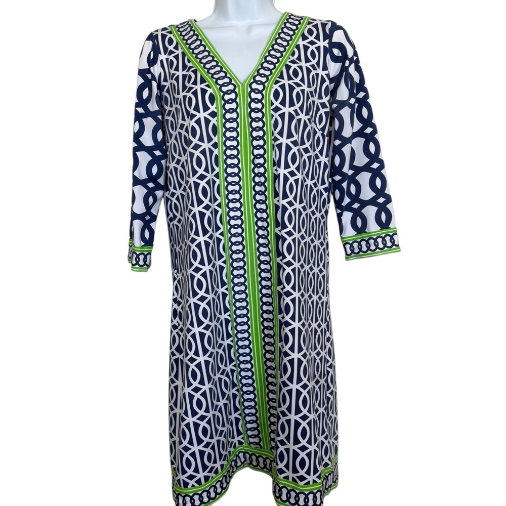 Gretchen Scott Designs Women’s Sz S Blue Green Geometric Print Dress 3/4 Sleeve